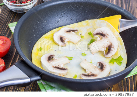 Fried eggs with mushrooms in frying pan 29887987