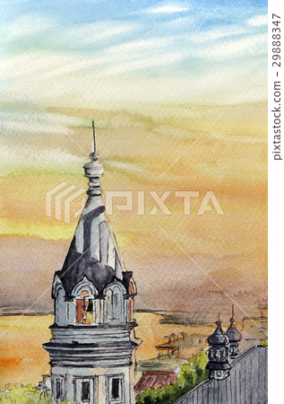 A sketch painting depicting the evening view of St. Russia Church and Hakodate Port. 29888347