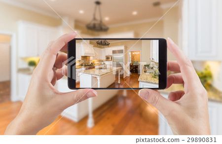 Girl Hands Hold Smartphone Displays Kitchen Photo 29890831