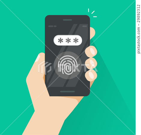 Hand with smartphone unlocked with fingerprint and Hand with smartphone unlocked with fingerprint and 29892312