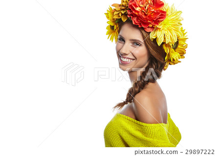 young beautiful woman portrait with wreath of flowers studio sho young beautiful woman portrait with wreath of flowers studio sho 29897222