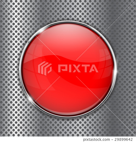 Red glass button on metal perforated background - Stock Illustration ...