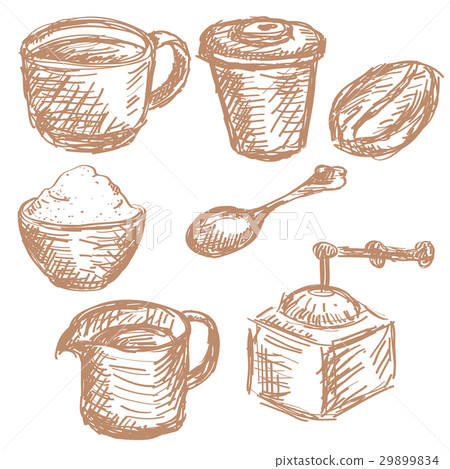 Coffee set vintage items. Hand drawn sketch - Stock Illustration ...