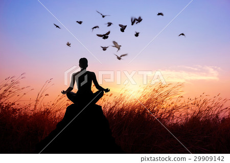 Woman meditating, silhouette on nature sunset  29909142