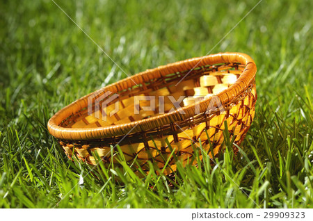 Empty wicker basket on a green grass Empty wicker basket on a green grass 29909323