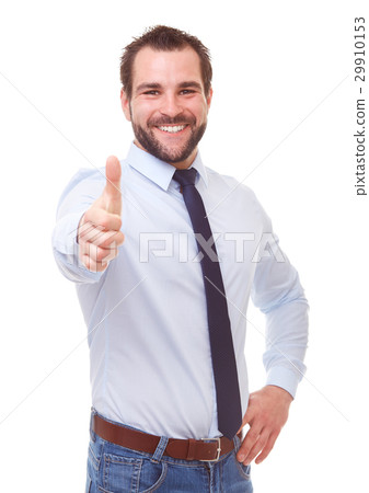 Man in blue shirt makes a gesture thumb up Man in blue shirt makes a gesture thumb up 29910153