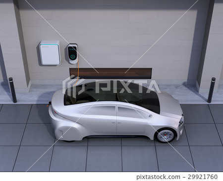 亞光銀色電動汽車,壁掛式EV充電座和蓄電池的圖像。 亞光銀色電動汽車,壁掛式EV充電座和蓄電池的圖像。 29921760