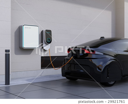 黑色電動車，壁掛式EV充電支架和蓄電池圖像。 29921761
