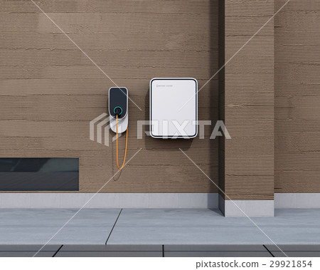 壁掛式電動汽車充電站和蓄電池的圖像。 壁掛式電動汽車充電站和蓄電池的圖像。 29921854