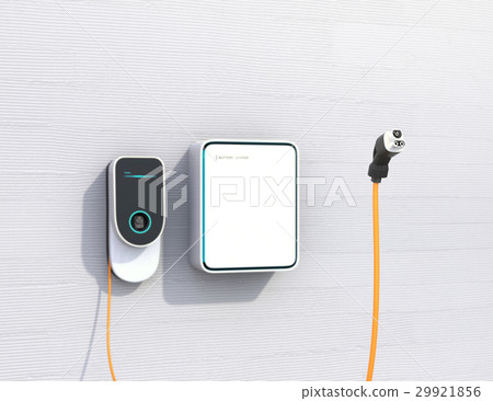 Image of wall mounted electric car charging station, storage battery and connector. 29921856