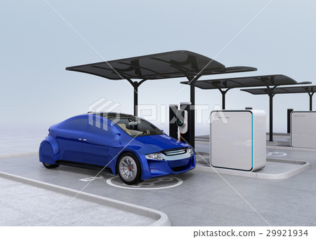 Blue electric car charging the charging station of public facilities Blue electric car charging the charging station of public facilities 29921934