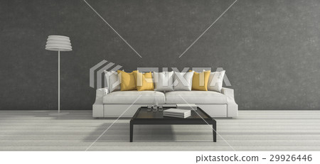 wide minimal loft grey room with yellow sofa 29926446