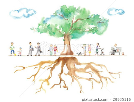 Park trees, men and seniors, clouds, roots, animals 29935116