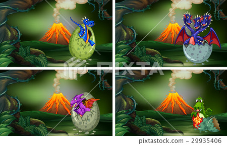 Four scenes with dinosaurs hatching eggs Four scenes with dinosaurs hatching eggs 29935406