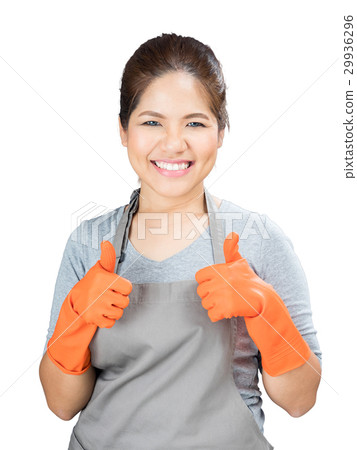 asian housewife wearing rubber gloves thumbs up asian housewife wearing rubber gloves thumbs up 29936296