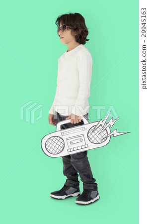 Caucasian Little Boy Holding Fake Jukebox Caucasian Little Boy Holding Fake Jukebox 29945163
