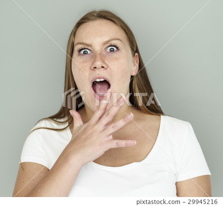 Caucasian Girl Shocked Hand Gesture 29945216