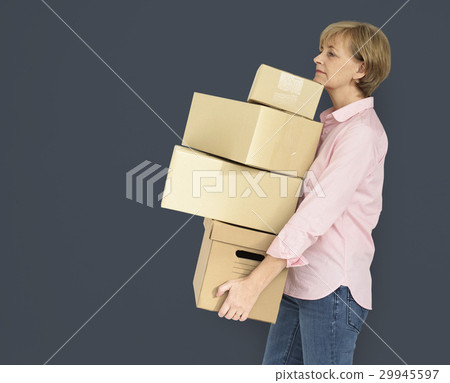 Senior Adult Woman Carrying Box Parcel Package 29945597