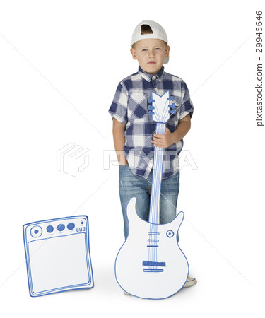 Portrait of a Little Blond Caucasian Boy with Guitar Isolated 29945646