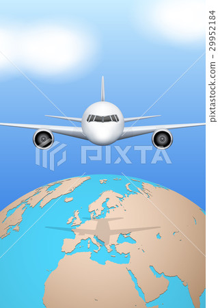 Plane flies over globe. 29952184