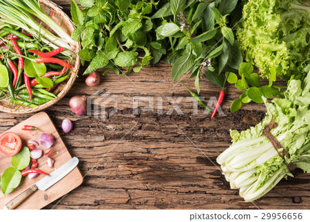 peppermint, basil, lettuce and chilli on wood peppermint, basil, lettuce and chilli on wood 29956656