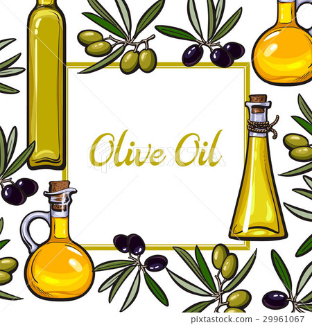 Square frame of olive branches and oil bottles 29961067