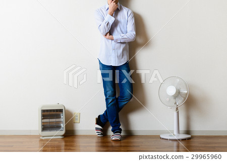 Fan and electric stove, standing man 29965960