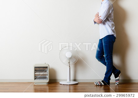 Fan and electric stove, standing man 29965972