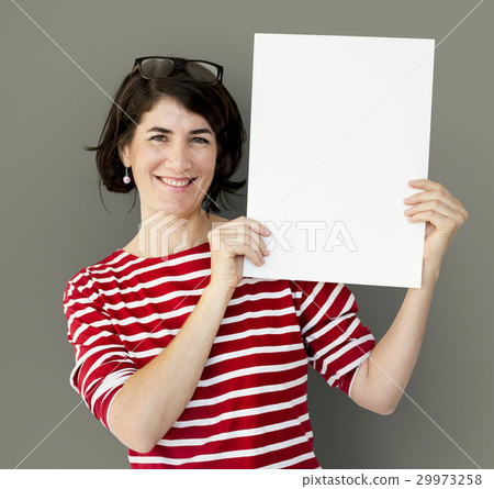 Adult Woman Hands Hold Blank Paper Board Copy Space Adult Woman Hands Hold Blank Paper Board Copy Space 29973258