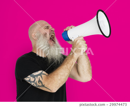 Bearded Caucasian Man Shouting Megaphone Bearded Caucasian Man Shouting Megaphone 29974473