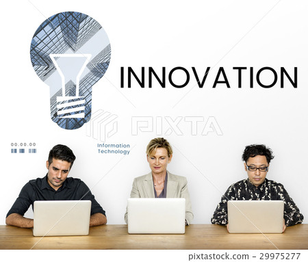 People with graphic of creative ideas digital technology light bulb People with graphic of creative ideas digital technology light bulb 29975277