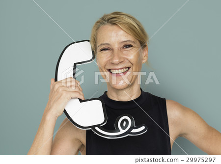 Blond White Woman Hold Telephone Studio Portrait Blond White Woman Hold Telephone Studio Portrait 29975297