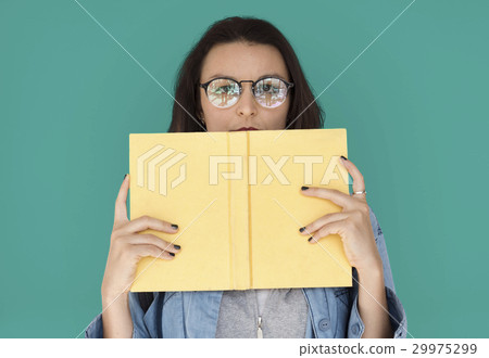 A girl with eyeglasses holding book 29975299
