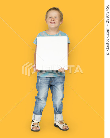 Little Boy Holding Blank Paper Board Studio Portrait Little Boy Holding Blank Paper Board Studio Portrait 29975456