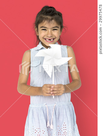 Little Girl Hands Holding Paper Wind Mill Studio Portrait 29975478