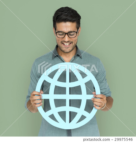 A man holding global community sign 29975546