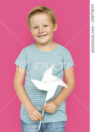 Little Boy Hands Holding Paper Wind Mill Studio Portrait 29975654