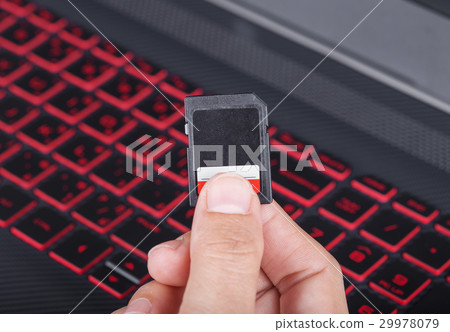 hand holding SD card with laptop 29978079
