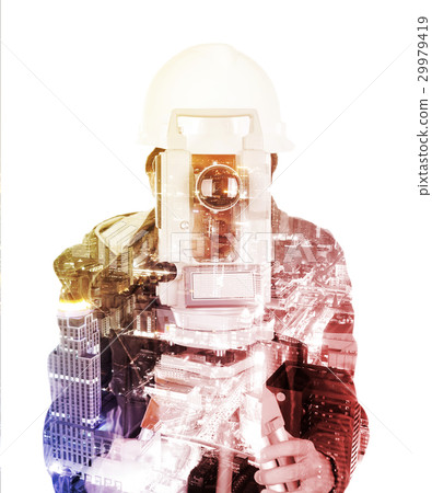 Double exposure of engineer working with survey equipment theodo 29979419