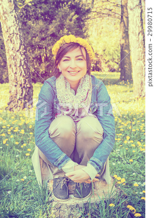 Woman with wreath of dandelions, rainbow filter Woman with wreath of dandelions, rainbow filter 29980715