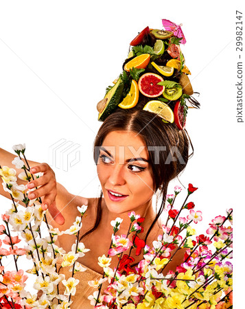 Hair mask from fresh fruits on woman head and 29982147