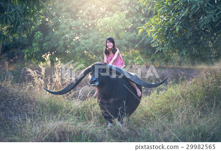 Happy Asian woman farmer with a buffalo 29982565