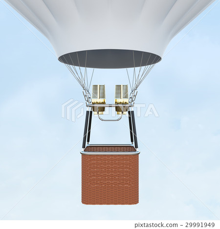 White hot air balloon with basket on skiy White hot air balloon with basket on skiy 29991949