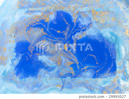 Blue and golden liquid texture. Watercolor hand 29993027