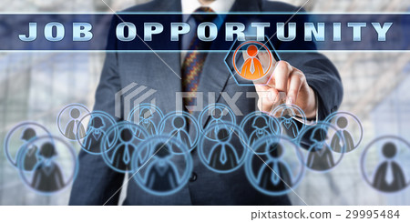 Unrecognizable HR Manager Presses JOB OPPORTUNITY 29995484