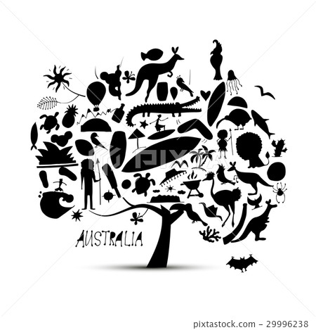 Australian map tree with icons set, sketch 29996238