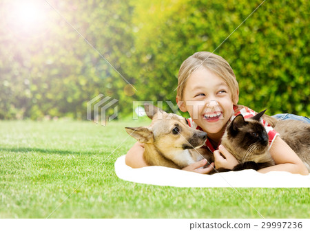 girl with a dog and a cat girl with a dog and a cat 29997236