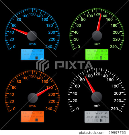 Set Of Speedometer Scales. Black Speed Gauges With - Stock Illustration ...