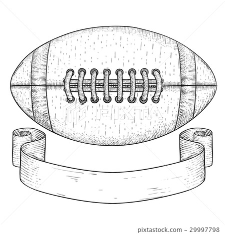 American football ball with ribbon banner. Hand American football ball with ribbon banner. Hand 29997798