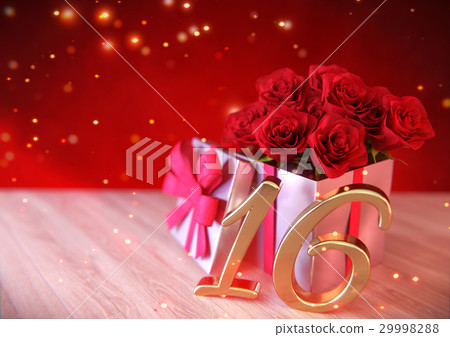 birthday concept with red roses in gift on wooden 29998288